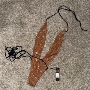 5/$20 SWIM SALE Brown Shiny Wrap Halter Top One Piece with Black Waist Ties